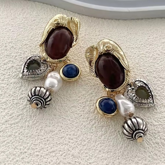 Zara Retro Imitation Pearl Round Geometric Tassel Pendant Earrings - Picture 4 of 7